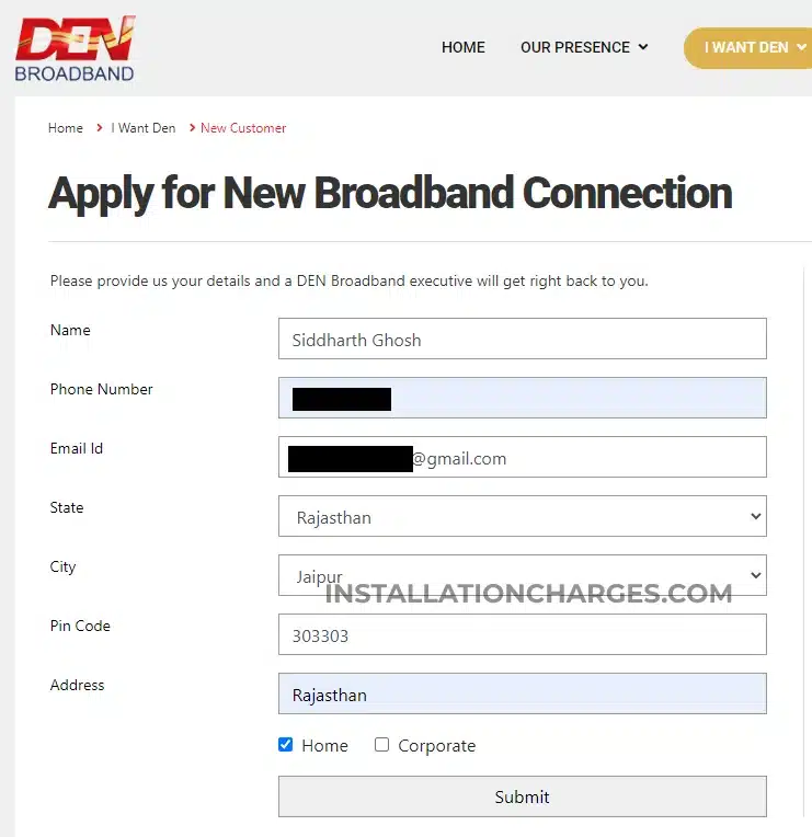 Apply New DEN Broadband Connection Online